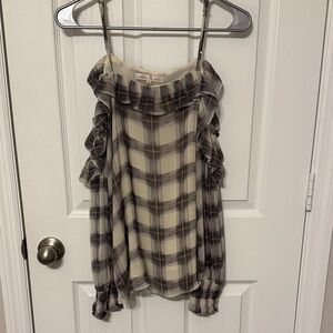 Endless Rose Cream & Black Plaid Ruffle Cold-Shoulder Camisole